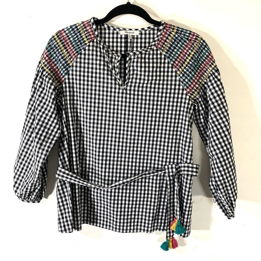 Madewell Smocked Gingham Blouse With Tassel Belt - Picture 3 of 14